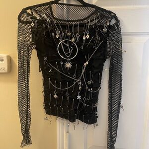 Gothic Black Mesh Blouse with Silver Embellishments